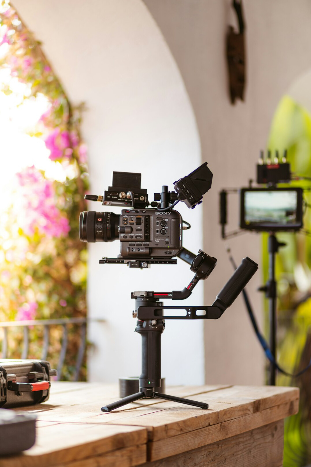 Professional broadcast camera and studio equipment on set